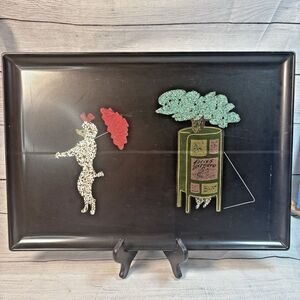 Vintage Couroc Black Tray Poodle Dog Red Hair Bow Parasol Tree Bathroom 12.5x18"